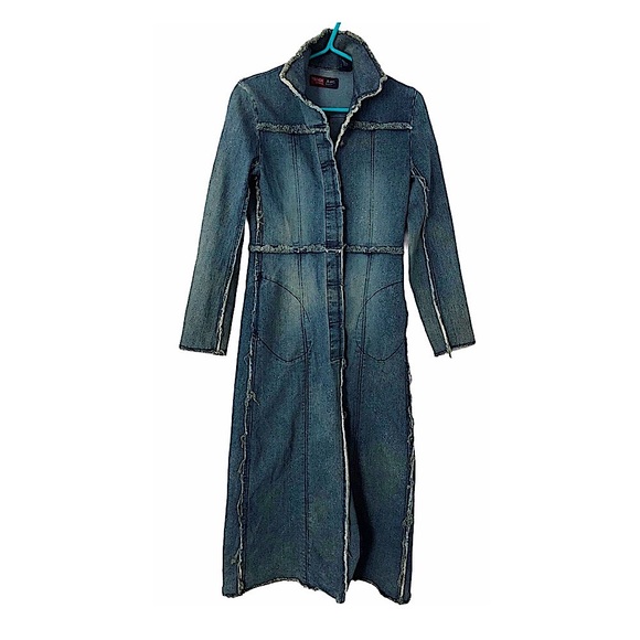 Vintage Jackets & Blazers - Vntg 90s Stretch Denim Sparkle Maxi Coat Frayed S
